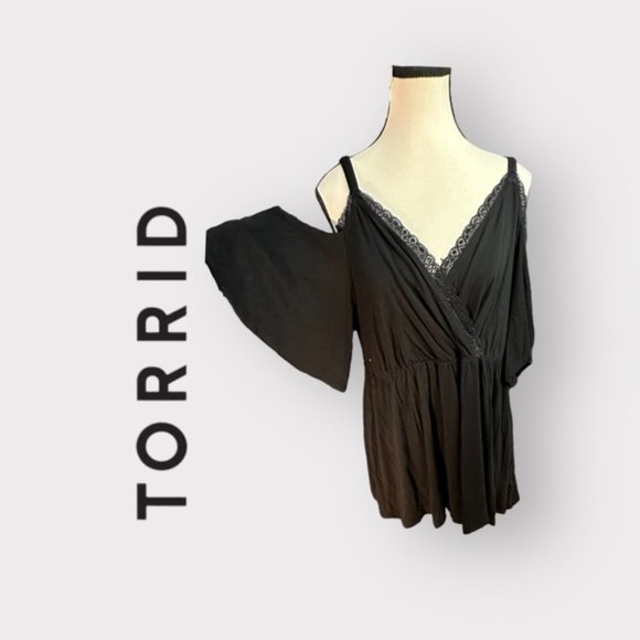 Women’s Torrid 0 Black Babydoll Super Soft Surplice Lace Trim Cold Shoulder Top - Picture 2 of 15